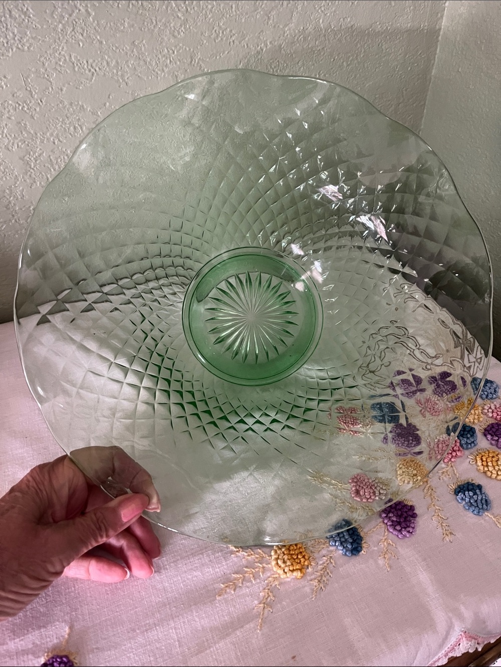 Vintage Emerald Green Diamond Point Art Glass Basket Bowl 12”